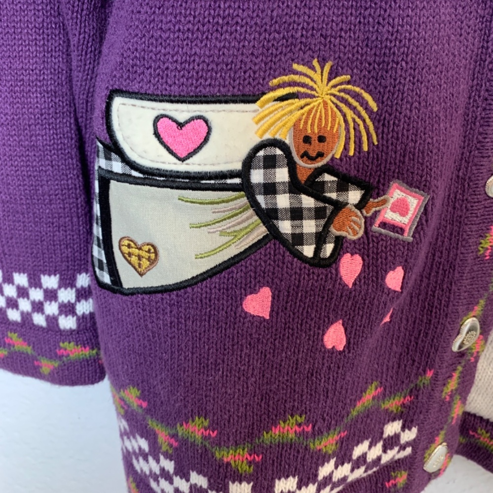 Vintage Quacker Factory Cardigan Sweater Medium Purple Garden Angels Miracles - Picture 11 of 16